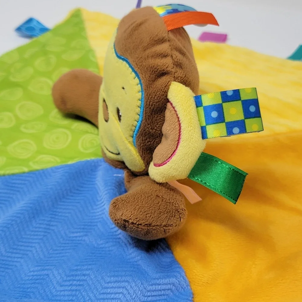 Taggies Monkey Lovey Yellow Blue Colorful Plush Ribbons Sensory Security Blanket